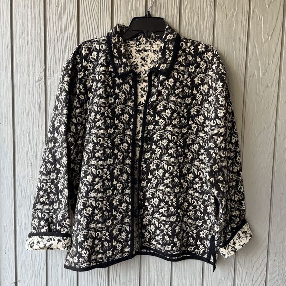 VTG Take Two Reversible Cotton Jacket XL Black Cream Floral Quilted India Boho - Picture 1 of 9